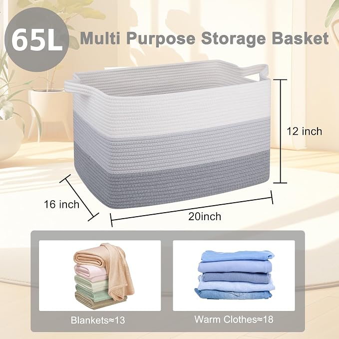 OIAHOMY Large Blanket Basket, 65L Cotton Rope Woven Laundry Basket, Toy Bin for Baby Room, Container for Blanket Storage in Living Room, 20''×16''×12'', Gradient Grey