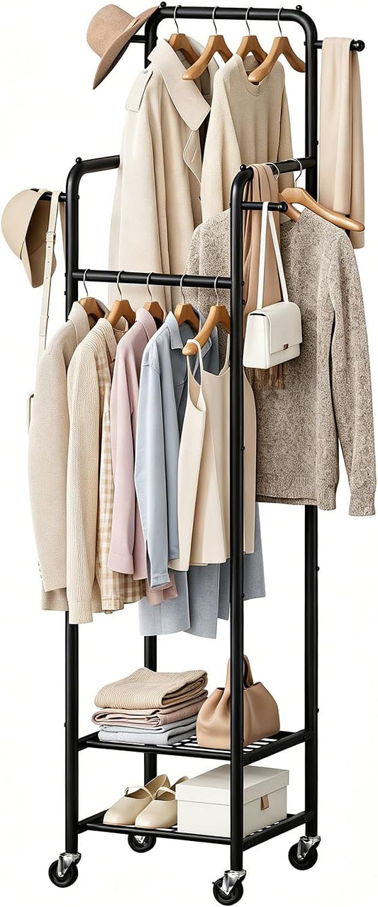 Small Clothing Rack with Wheels, Narrow Rolling Clothes Rack with 2 Shelves | Gasvadivum 71" Tall Sturdy Metal Garment Rack with 4 Hanging Rods & 4 Hooks, Portable Coat Rack for Bedroom, Bathroom, Black