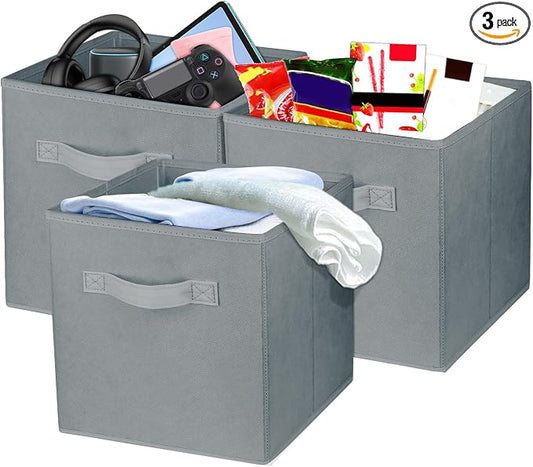 3 Pcs Storage Cubes, 10.5 Inch Collapsible Storage Bins, Fabric Foldable Bins for Organization, Durable Storage Bins for Closet, Shelves, Offices (Grey) | [Grey] [For Organization, Durable Storage Bins for Closet, Shelves, Offices]