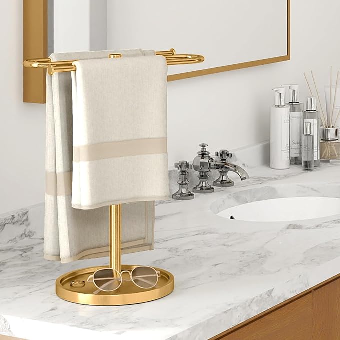 Bethom Bathroom Hand Towel Holder Stand Gold, S-Shape Kitchen Towel Rack | Stainless Steel Countertop Towel Standing Bar, Holds 2 Hand Towels