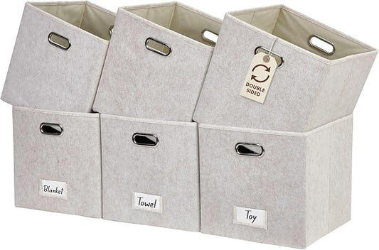 DECOMOMO Felt Storage Bins, 11 inch Cube Storage Bin with Labels | 6 Pack Storage Baskets for Shelves, Kallax (Beige)