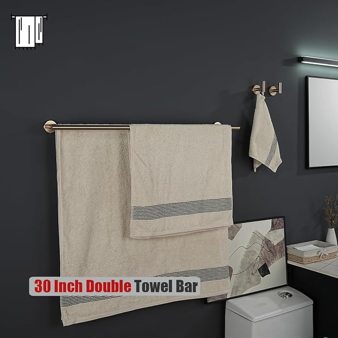 JQK Double Bath Towel Bar, 33 Inch 304 Stainless Steel Thicken 0.8mm Towel Rack for Bathroom, Towel Holder Champagne Bronze Wall Mount, Useable Length 30 Inch, TB100L30-CB
