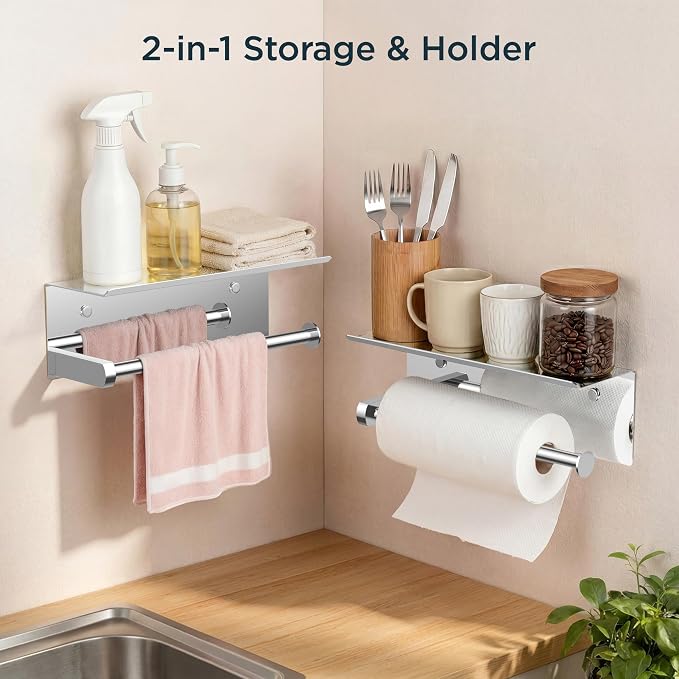 FORIOUS Wall Mount Paper Towel Holder with Shelf for Kitchen, Chrome | Heavy Duty SUS304 Stainless Steel Paper Roll Organizer with Storage Spice Shelf, Screw-in for Bathroom, RV & Garage