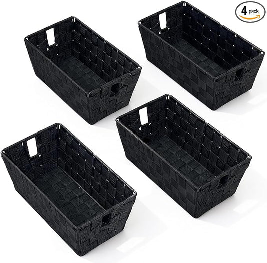 Black Storage Baskets for Shelves, Woven Shelf Baskets for Organizing, Small Strap Organizer Basket for Bathroom Storage, Set of 4