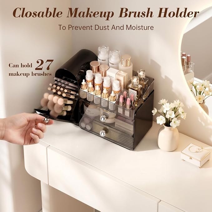 Delamu Makeup Organizer for Vanity with Closed Brush Holder, Large Bathroom Counter Organizer with Drawers, Skincare Organizers for Countertop, Storage Perfume Cosmetic Lipstick Beauty (Black)