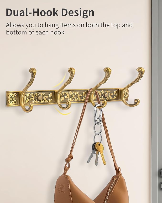 Vintage Coat Rack Wall Mount, Decorative Wall Coat Rack with 4 Hooks for Hanging Key Purse Hat Robe Towel Clothes Unique Hanger for Bathroom Shower Entryway Antique Brass 2 Pack