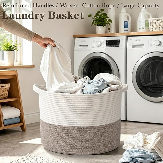 115L Extra Large Blanket Basket,Woven Laundry Basket- White & Brown | Collapsible Nursery Storage Bin with Sturdy Handles, Organizes Clothes, Toys and Pillows for Living Room, Bedroom, Bathroom