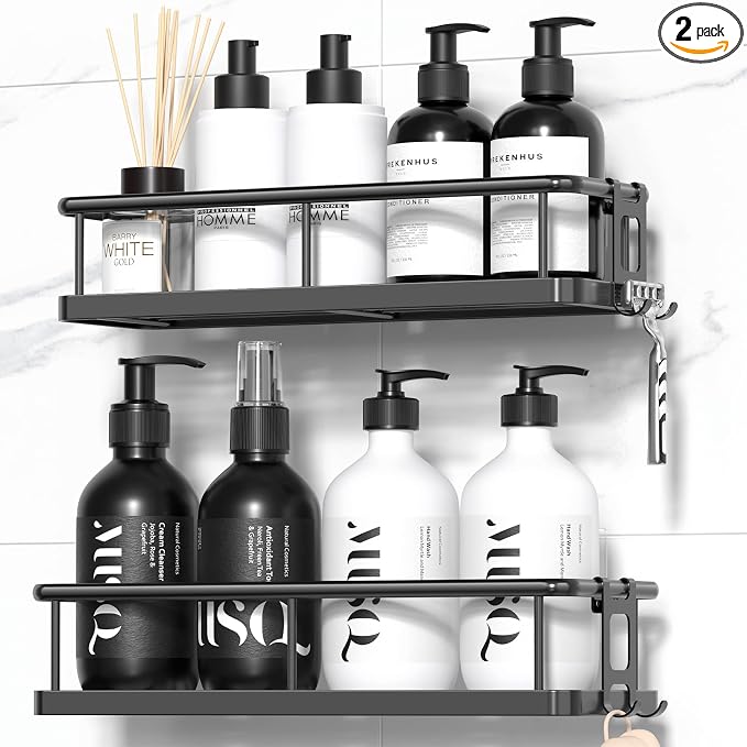 YASONIC Shower Caddy Adhesive, Rustproof Shower Organizer, Large Capacity Shower Shelves for Inside Shower, No Drilling Bathroom Organizers and Storage for Home Decor （2 Pack Black）