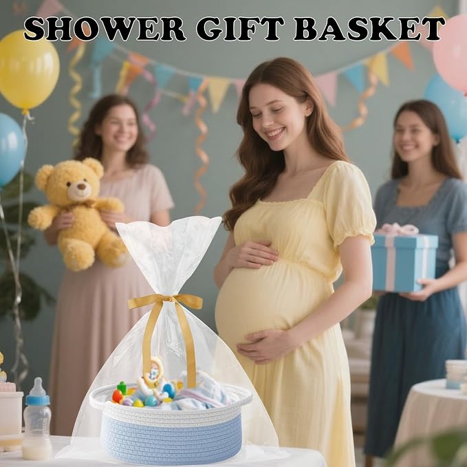 Woven Rope Basket - Baby Gift Basket with Bag & Ribbon, White&Blue | Cotton rope with handle, 12 x 8 x 5 in, gift bag and ribbon, for baby shower, birthday, toy storage, nursery, shelf decor