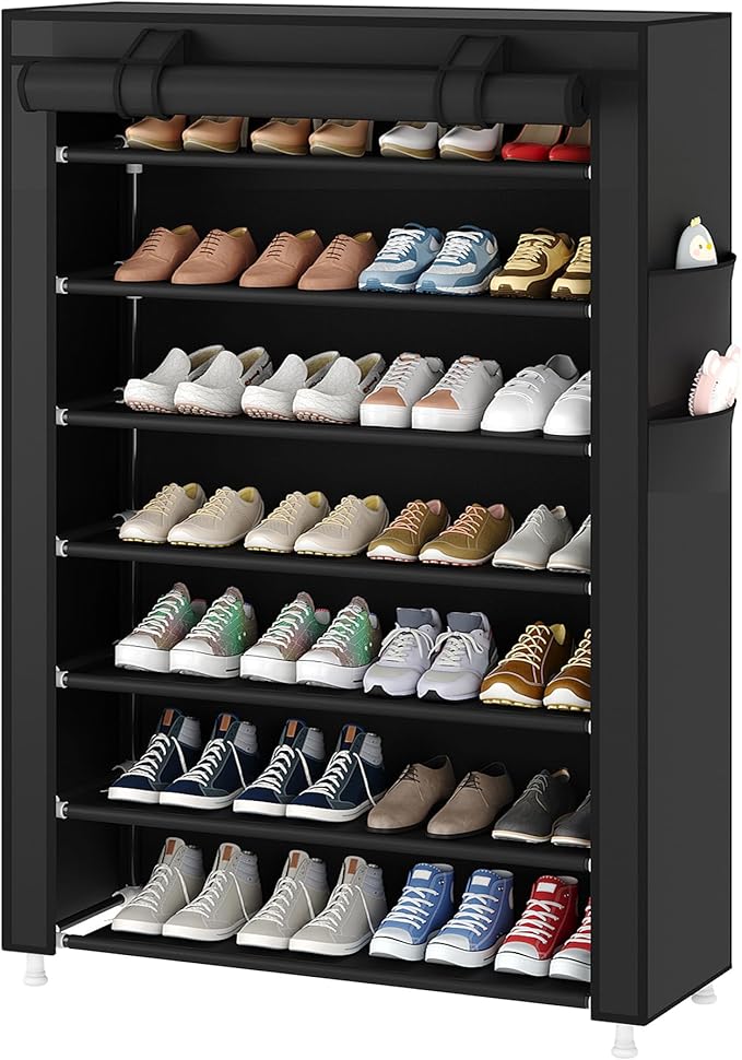 Laiensia 7-Tier Vertical Shoe Rack Organizer, Space Saving Shoe Storage Organizer, Non-Woven Cover Shoe Shelf Holds 28-35Pairs for Bedroom, Hallway, Closet Entryway, Black