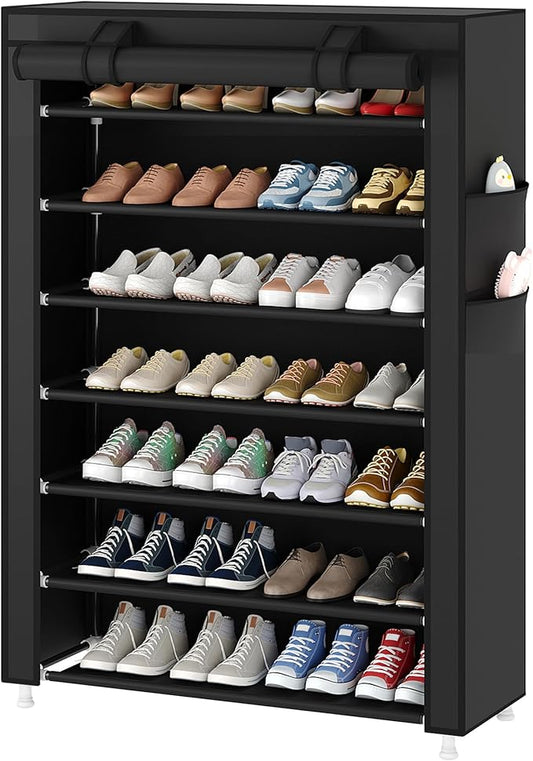 Laiensia 7-Tier Vertical Shoe Rack Organizer, Space Saving Shoe Storage Organizer, Non-Woven Cover Shoe Shelf Holds 28-35Pairs for Bedroom, Hallway, Closet Entryway, Black