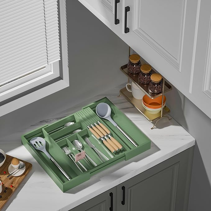 Expandable Bamboo Silverware Drawer Organizer Tray, Grayish Green | Removable Knife Block, Holds 7 Knives, Adjustable Dividers, 12.6-21.45 x 16.3 x 2.13 in, Drawer Insert for Utensils, Forks
