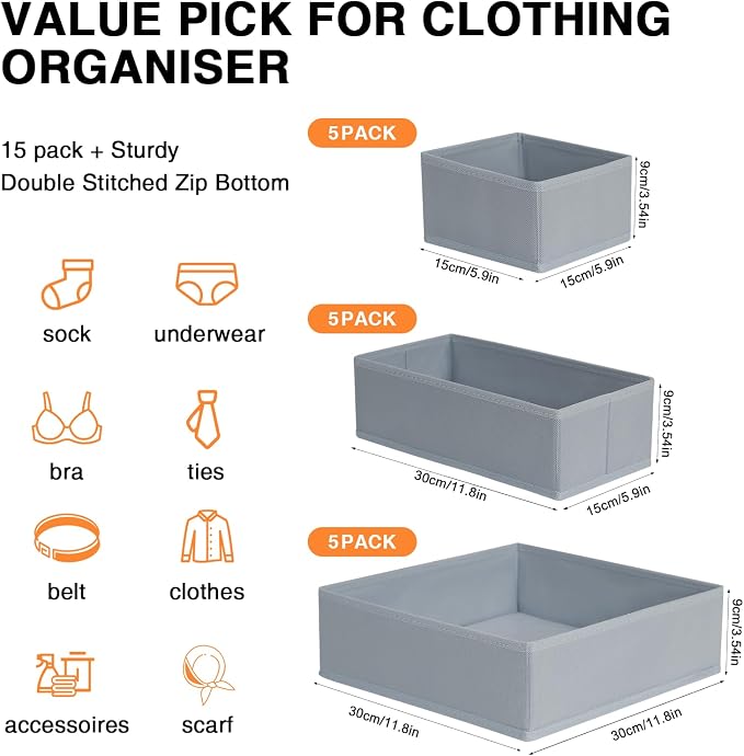 DIMJ Drawer Organizer 15 Pack - Foldable Baby Clothes Storage & Dresser Organizer for Nursery, Bedroom, Closet - Nursery Organization Dresser Dividers for underwear, Sock,Bra, Belt, Tie, Gray
