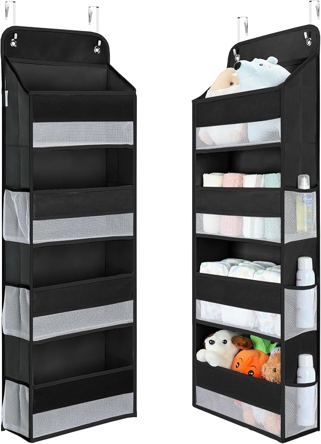 Yecaye 1 Pack Over the Door Organizer, 35.2lbs Load Toy Stuffed Animal Storage, Large Capacity Swing-proof Hanging Bathroom Organizers and Storage for Nursery Newborn Baby Essential Stuff Black