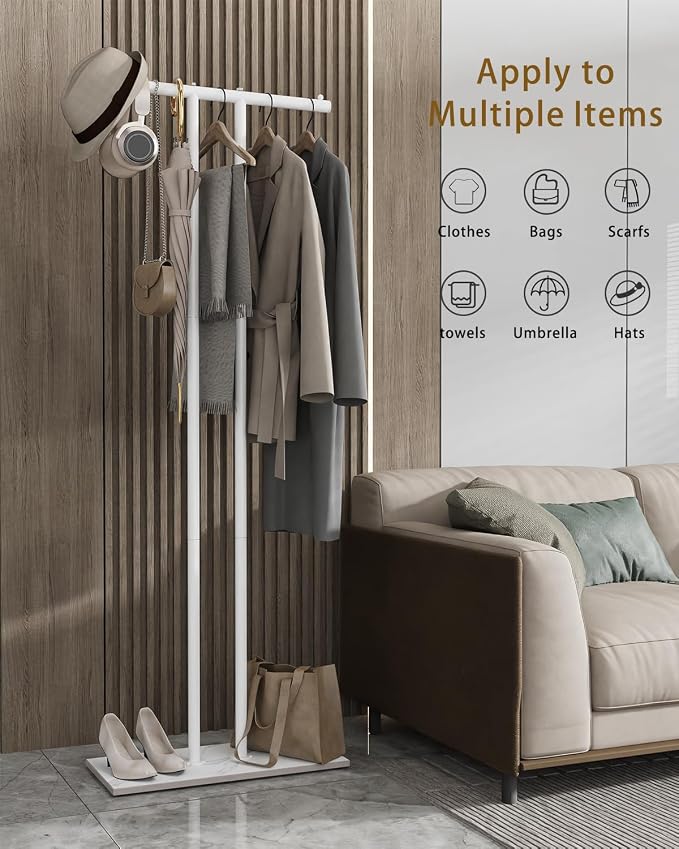 OUTBROS Large Metal Coat Rack Freestanding with Rock Base, White | Standing Garment Storage for Indoor - 23.6" Wide Heavy Duty Clothe Rack Metal Clothing Hanger Rack
