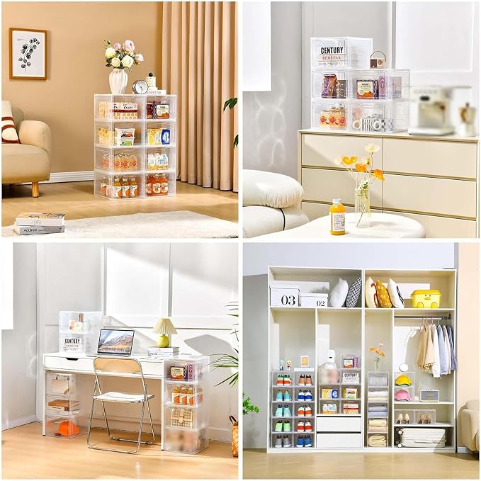 Freebat 6 Pack Closet Organizers and Storage,Clear Stackable Plastic Storage Bins with Lids Magnetic Doors,Clothes Organizers and Storage,Plastic Craft Containers for Wardrobe Kitchen Bathroom Office