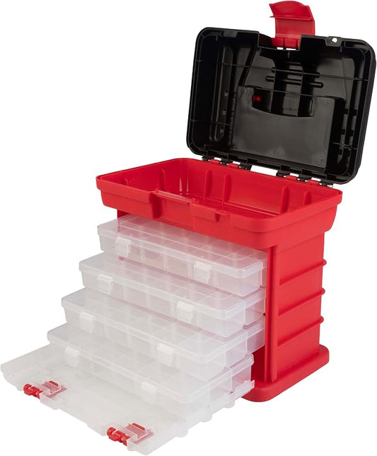 Stalwart Portable Tool Box Small Parts Organizer with Drawers, Red | Customizable Compartments for Hardware, Fishing Tackle Box, Beads, or Craft Supplies