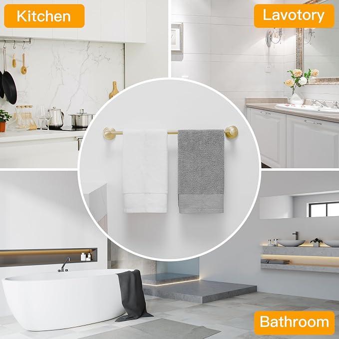 BESy Towel Racks for Bathroom Wall Mounted Bath Towel Bar Brushed Gold | Adjustable 16-26 In, Wall Mounted Towel Holder, Stainless Steel, Rustproof, Towel Bar Rod Hanger Hardware Accessories Hotel