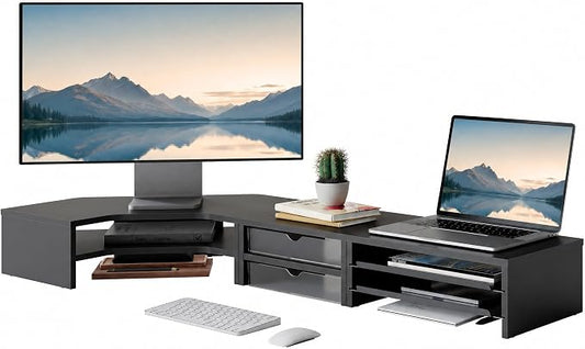 Fenge Dual Monitor Stand, Corner Desk Shelf with Drawer & Slide-Out Tray | Modular Design for Flexible Layouts, 2-Tier Storage Desktop Organizer for Computer, Laptop, Printer and Telephone