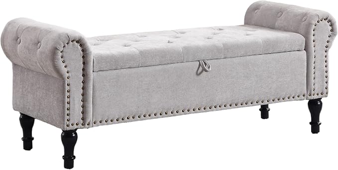 51" Storage Bench for Bedroom, Chenille End of Bed Bench, Queen Size Bench with Rolled Arms, Tufted Storage Ottoman Benches, Upholstered Bench for Bedroom, Living Room, Entryway, Light Grey