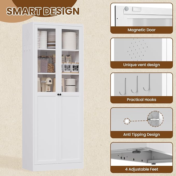 Metal Pantry Cabinet, 72" Kitchen Pantry Cabinet with 2 Doors and 5 Adjustable Shelves, White Steel Storage Cupboard for Dining, Office, Living Room, Bathroom