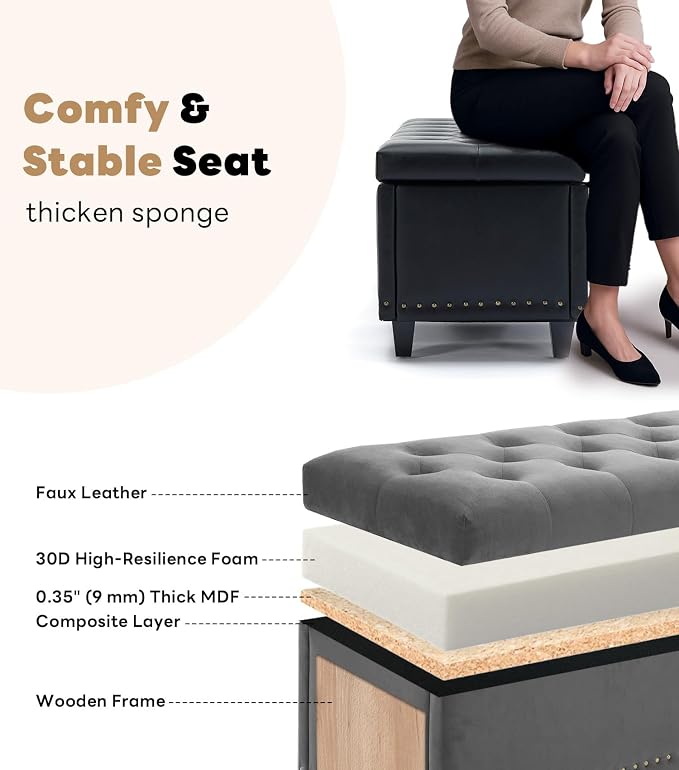 Tbfit 50.8" Large Storage Ottoman Bench with Button-Tufted Top, Blue PU Faux Leather End of Bed Chest with Safety Hinge and Rivets for Bedroom, Living Room (Gray-Velvet)