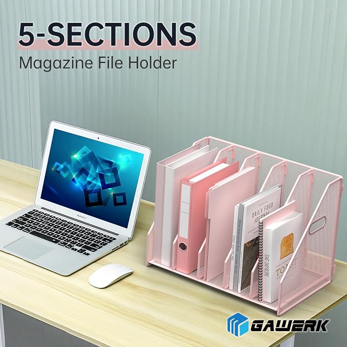 MINDEPOT Desk File Organizer Folder Holder with 5 Vertical for Office, Pink