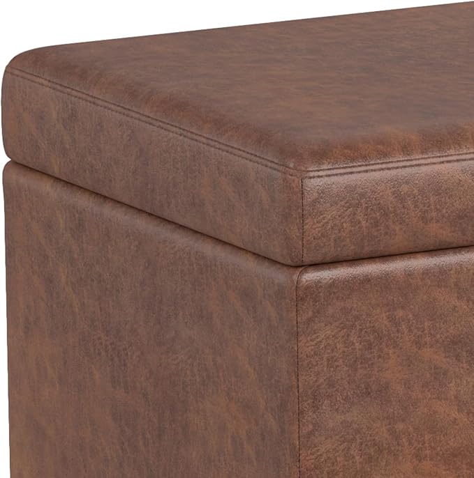 SIMPLIHOME Avalon 60" Wide Fabric Storage Ottoman in Tanners Brown | Contemporary lift-top ottoman with high-density foam; rectangle storage bench or coffee table for living room or entryway.