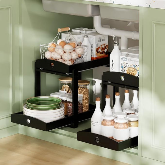 2 Pack Bamboo Under Sink Organizer, 2-Tier Sliding Drawers for Cabinets | Pull-out drawers keep cleaners and tall bottles visible, organized and easy to reach in kitchen or bathroom cabinets