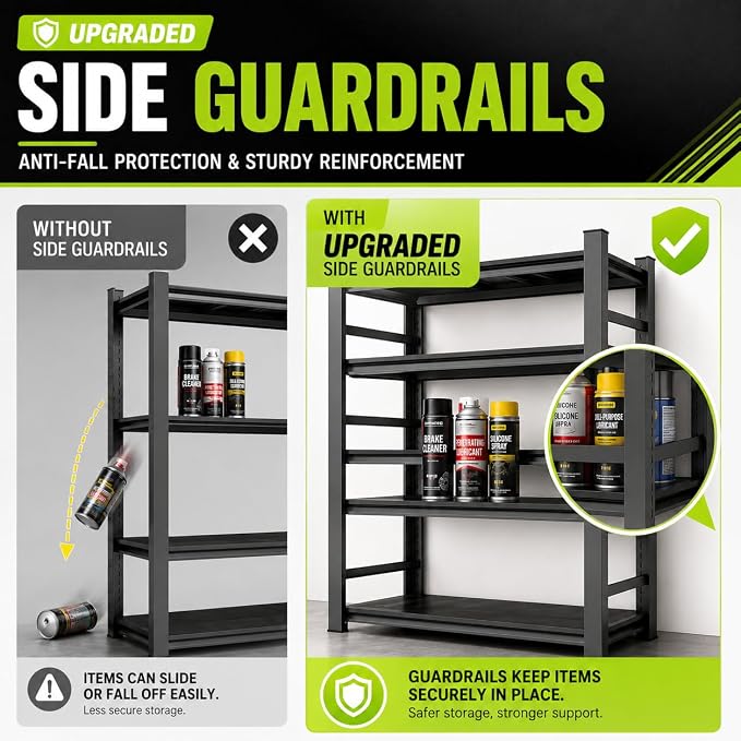 Garage Shelving, 3300 LBS Storage Shelves with Side Guard | 5-Tier Garage Storage Shelves,Adjustable Industrial Shelves with Thickened Double-Layer Posts for Garage 35×15×71in
