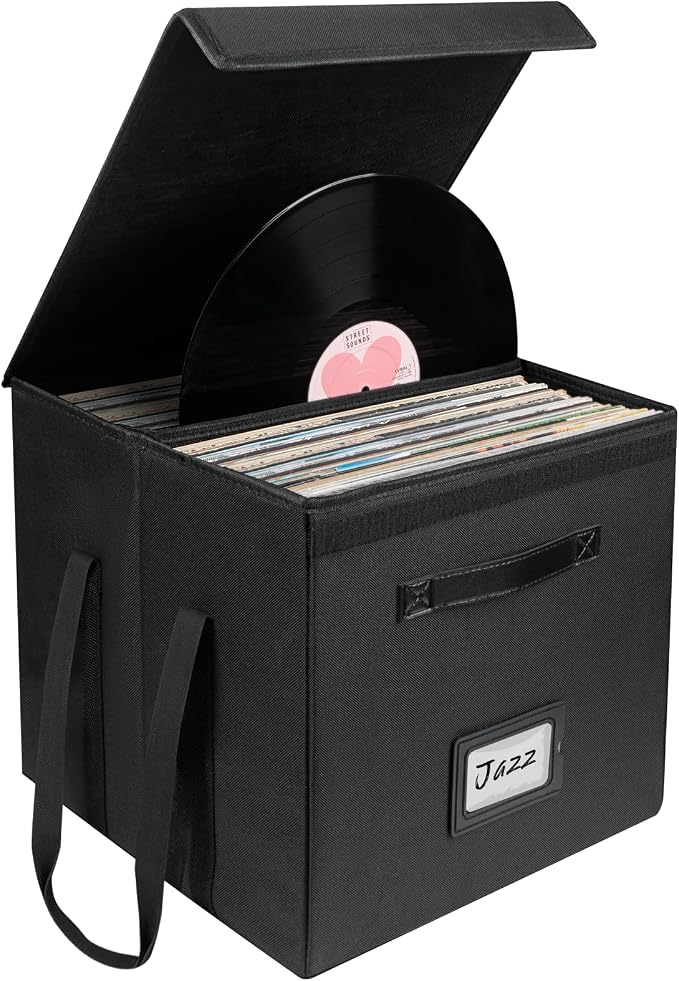 Uniclife Vinyl Record Storage Box with Lid & Handles | Collapsible, Splash-Resistant Album Storage Crate for 80 Single Records (12"), Black, 13" × 13" × 13"