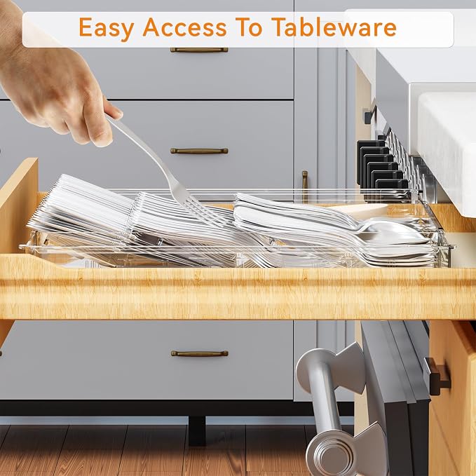 Large Expandable Silverware Organizer - Adjustable From 11'' to 21.3'' - Spatula,Gadget,Knife,Cutlery,Spoons and Forks Organizer,Clear Flatware,Silverware Tray,Utensil Organizer for Kitchen Drawers