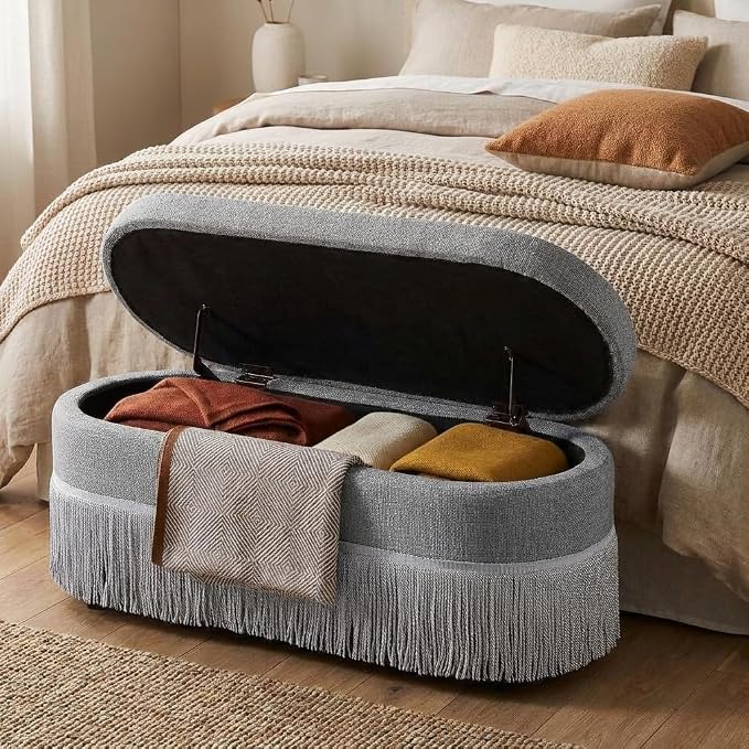 39.4“Storage Ottoman Bench with Tassels, Oval End of Bed Bench for Bedroom | Modern Ottoman with Storage,Linen Upholstered Entryway Foot Rest, Lift-Top Lid with Safety Hinge, Living Room, Grey