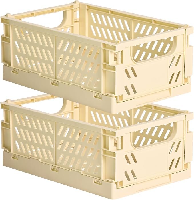 HUUSMOT 2-Pack Collapsible Plastic Storage Baskets, Yellow, 9.8"x6.5"x3.8" | Pastel, Space-Saving, Collapsible Plastic Bins, Cute Mini Storage Crates, for Classroom, Kitchen, Office, Bedroom
