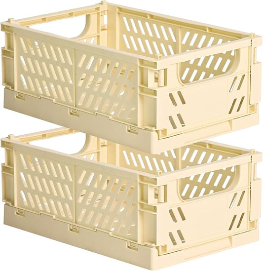 HUUSMOT 2-Pack Collapsible Plastic Storage Baskets, Yellow, 9.8"x6.5"x3.8" | Pastel, Space-Saving, Collapsible Plastic Bins, Cute Mini Storage Crates, for Classroom, Kitchen, Office, Bedroom