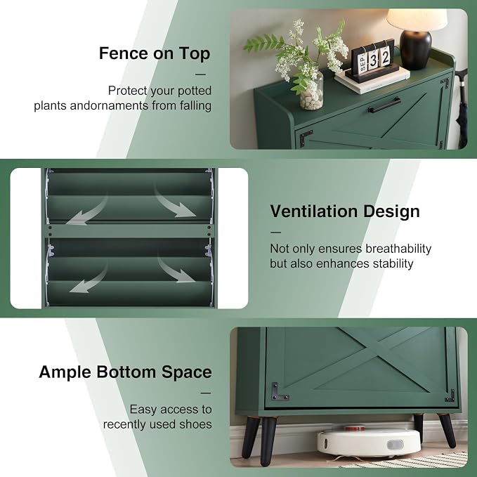 Barnyatoh Farmhouse Shoe Storage Cabinet with 2 Flip Drawers & Barn Door | Freestanding Hidden Slim Narrow Shoe Rack, Adjustable Shelves,Wood Shoes Organizer for Entryway, Foyer, Hallway,Green