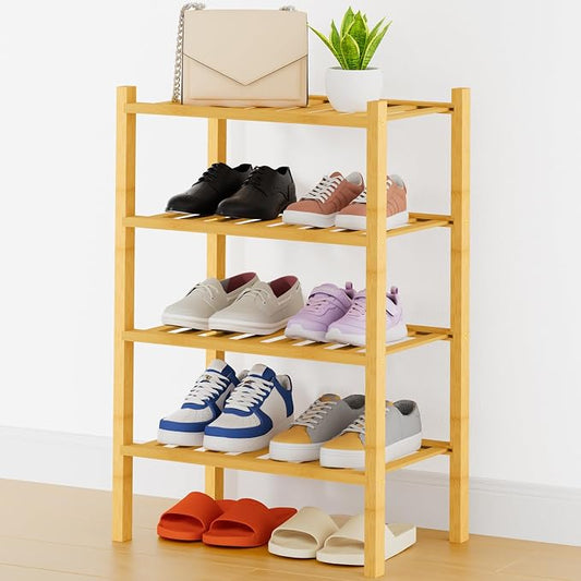 Smiry Bamboo Shoe Rack, 14 Vertical Slats, 4 Tier - 17.3" Wide, Natural | Stackable Free Standing Wooden Shoe Organizer, Wood Shoe Storage Shelf for Closet, Entryway, Thicher Leg