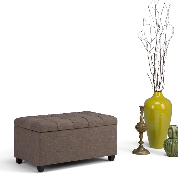 SIMPLIHOME Sienna 33" Wide Vegan Leather Storage Ottoman in Satin Cream | Tanners brown, transitional ottoman with tufting and lift-up lid; rectangle storage bench for living room or entryway.