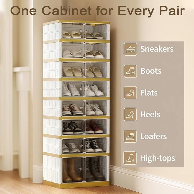 SYNCVIBE Shoe Rack Organizer for Closet Entryway Foldable Sneaker Storage Shoe, Collapsible Shoe Cabinet, Stackable Shoe Storage Cabinet with Lids for Living Room (9 Tiers -18 Pairs White Gold)