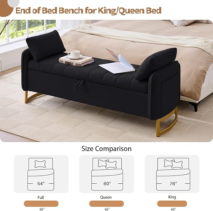 66" End of Bed Bench King Size, Teddy Boucle Storage Bench for Bedroom Foot of Bed, Storage Ottoman Bench with Golden Legs and Pillows for Living Room Window Entryway, Black