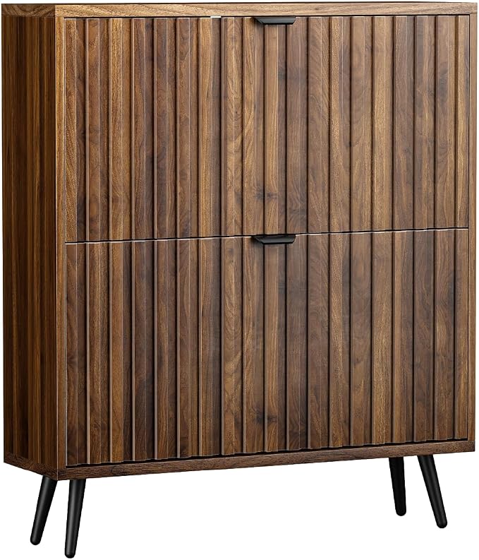 Shoe Storage Cabinet, Fluted Shoe Cabinet Storage for Entryway, Walnut Hidden Shoe Cabinet with Metal Legs,Shoe Organizer Cabinet with Flip Doors, Slim Entryway Shoe Storage Cabinet （31.5in）