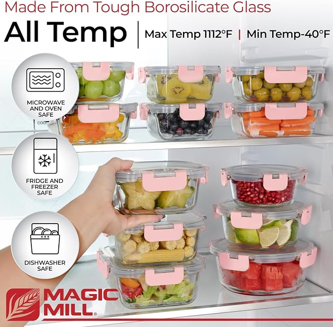 Magic Mill Premium Borosilicate Glass Food Storage Containers with lids Set | 24pc Sets with 12 Bowls & 12 Airtight Locking Lids for Lunch & Meal Prep, Safe for Oven, Freezer, Dishwasher, BPA-Free