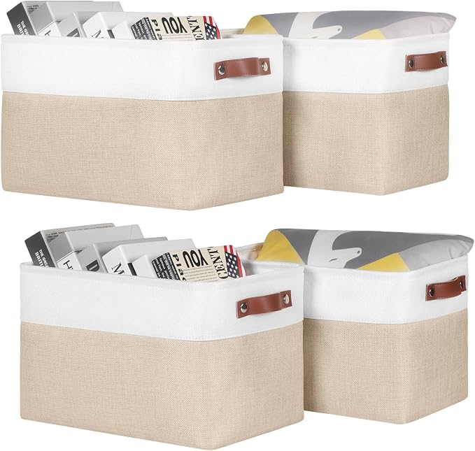 Univivi Fabric Storage Baskets for Shelves,15 inch,Khaki,4 Pack | Large Capacity,Linen Closet Baskets,Metal Frame,Hard Cardboard Bottom,Foldable,with PU Handles