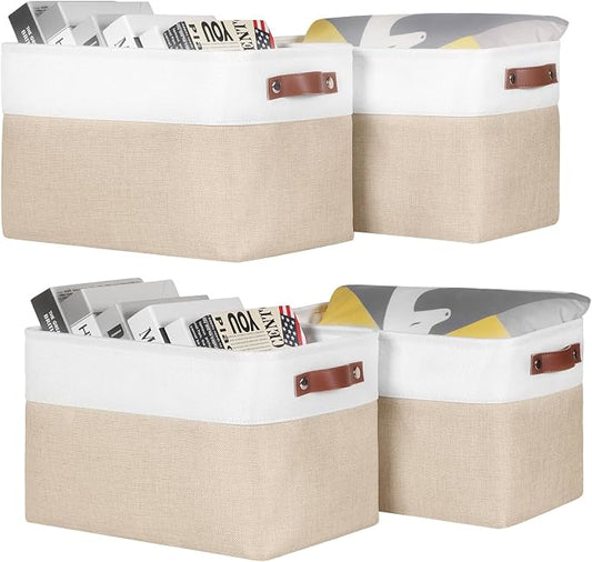 Univivi Fabric Storage Baskets for Shelves,15 inch,Khaki,4 Pack | Large Capacity,Linen Closet Baskets,Metal Frame,Hard Cardboard Bottom,Foldable,with PU Handles