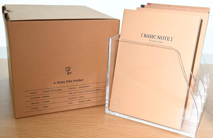 Acrylic Magazine File Holder, 4 Vertical Compartments Desk Document Sorter Organizer, Clear Folder Rack Binder for Office/Home/Classroom, for Documents, Tablet, Magazines, Books & Accessories