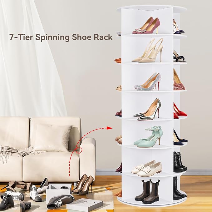 7 Tier Rotating Shoe Rack Tower, 360° Shoe Storage Organizer, White