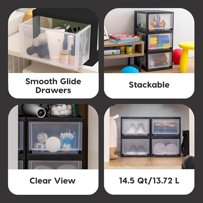 IRIS USA 3-Pack, 14.5 Qt. Stacking Drawer Storage Organizer, Black | Store shoes, clothing, accessories, and household essentials around your home with organized storage for everyday needs