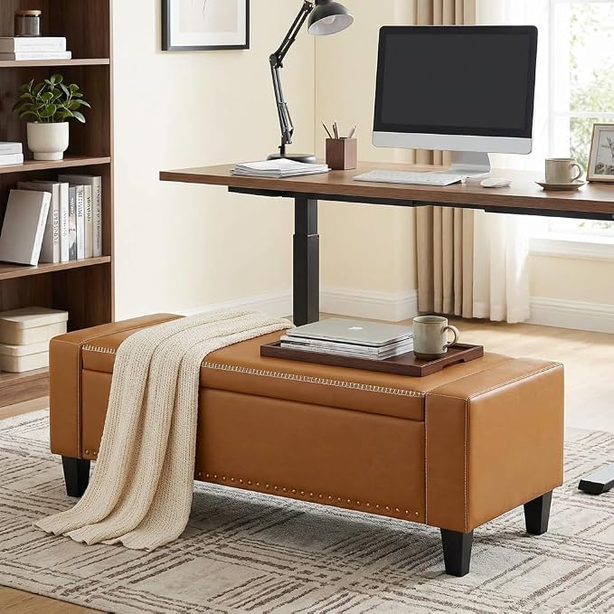 AKMAKM 49''W Storage Ottoman Bench, 30 Gallons End of Bed Bench, Faux Leather, Mid Century Modern, Upholstered Bench with Storage and Seat for Entryway, Living Room, Holds up to 350 lb, Brown