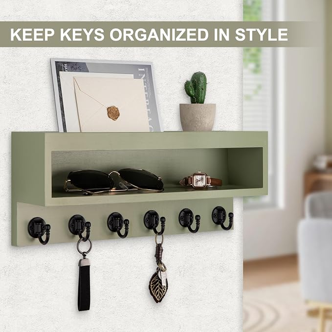 Key and Mail Holder Wall Mount, Key Hanger with Long Storage Box and 6 Hooks for Coat, Dog Leash, Home Decor Rack, House Accessories, Entry Way Organizer