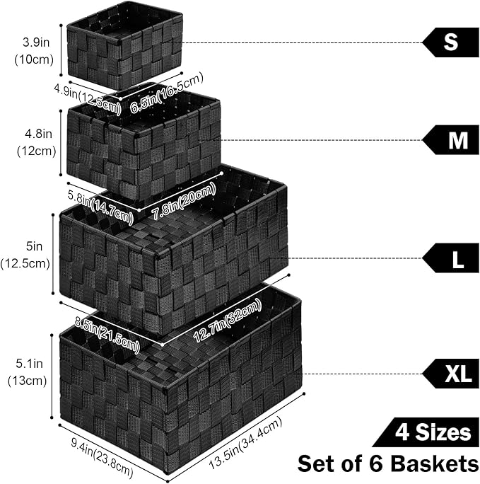 Storage Baskets with Lids: 6 Pack Stackable Woven Storage Bins, Black | Decorative Woven Baskets for Organizing with Built-In Handles for Shelves, Closets, Cabinets and Cubbies, Gift Small Basket